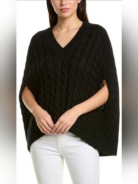 NWT St John Cable Knit Cocoon Poncho Sweater in Black Cotton Wool Pullover M/L